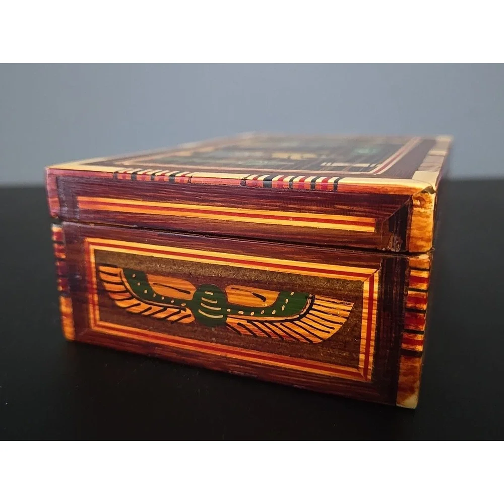 Vintage Hinged Wood‎ Box Mother Of Pearl Carved Egyptian theme 2